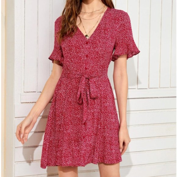 SHEIN Dresses & Skirts - NWOT SHEIN belted Ditsy floral dress buttons red